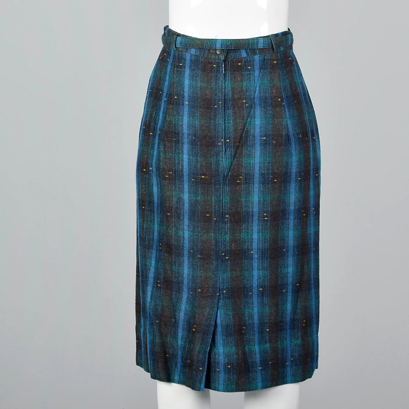 1950s Blue and Green Plaid Flannel Skirt