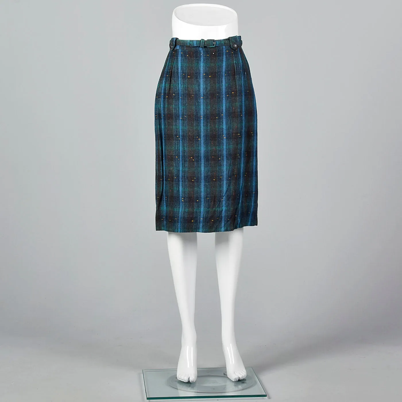 1950s Blue and Green Plaid Flannel Skirt