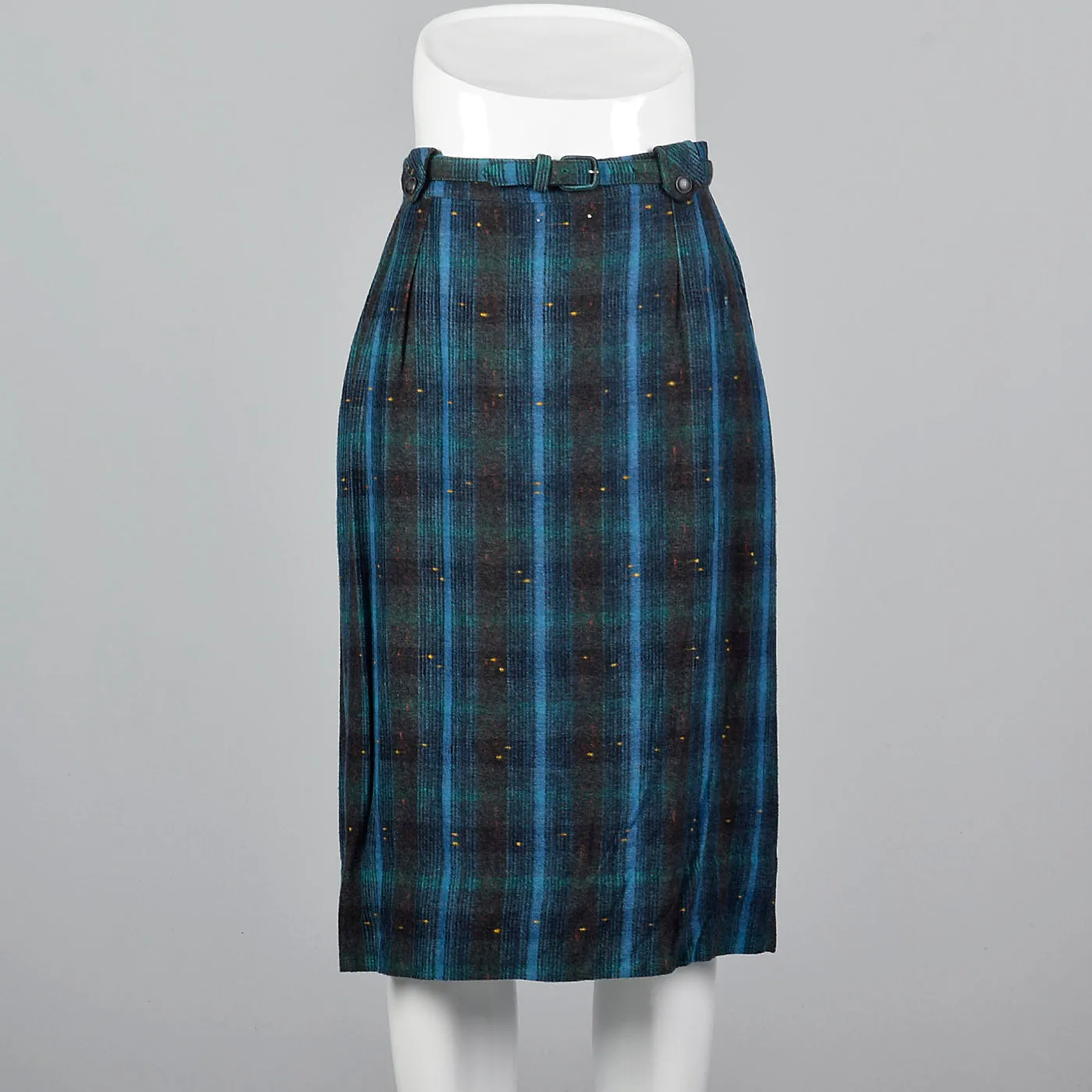 1950s Blue and Green Plaid Flannel Skirt