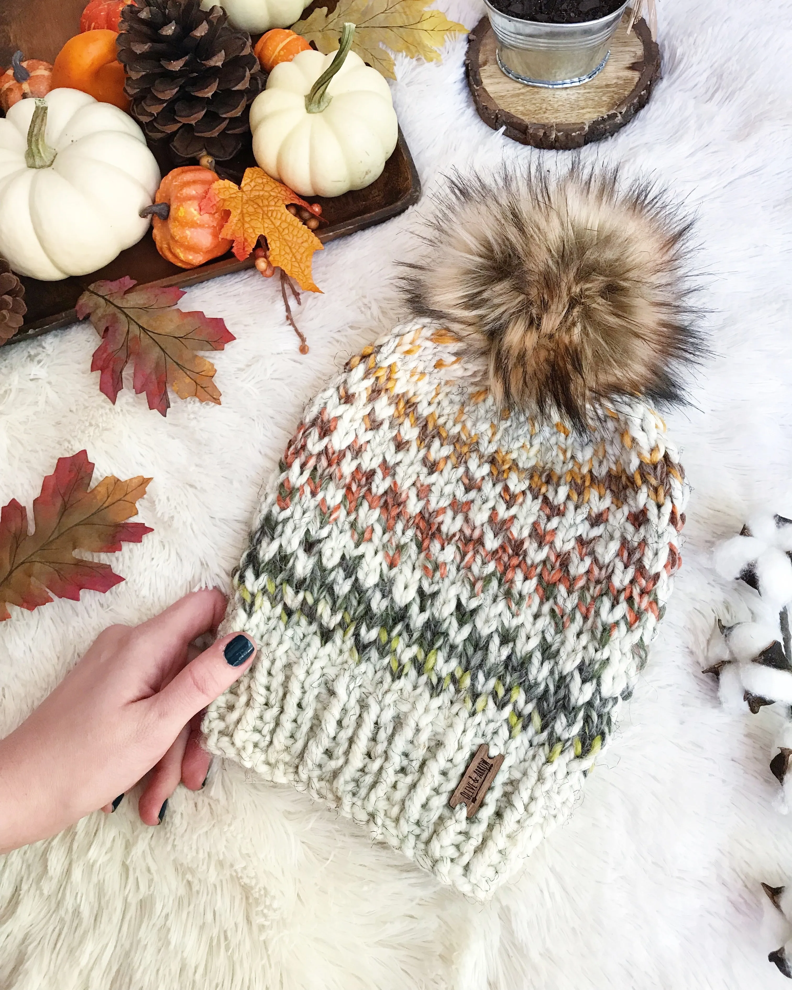 Adult Knitted Fair Isle Beanie with Faux Fur Pom Pom // The Hallowell