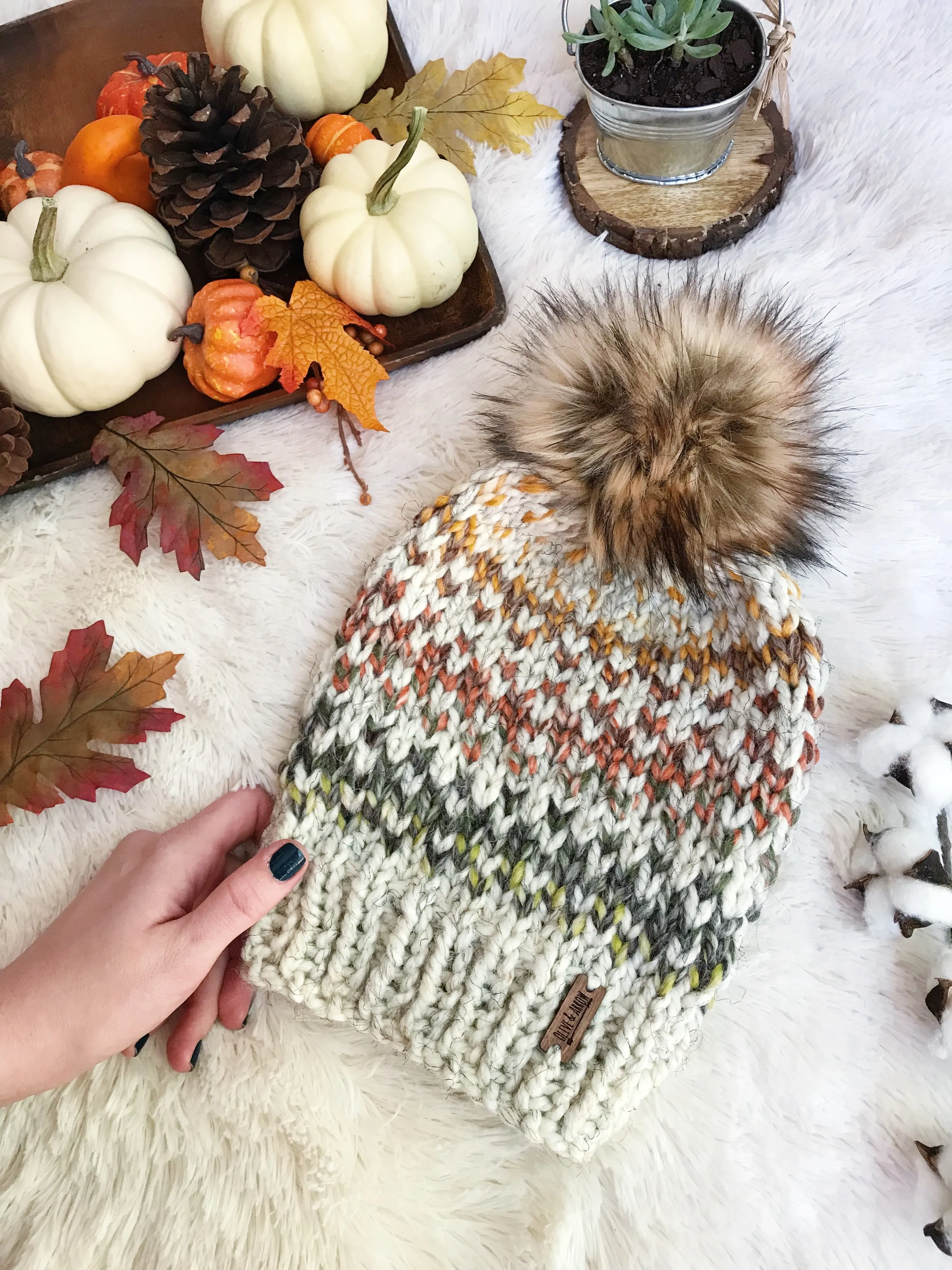 Adult Knitted Fair Isle Beanie with Faux Fur Pom Pom // The Hallowell