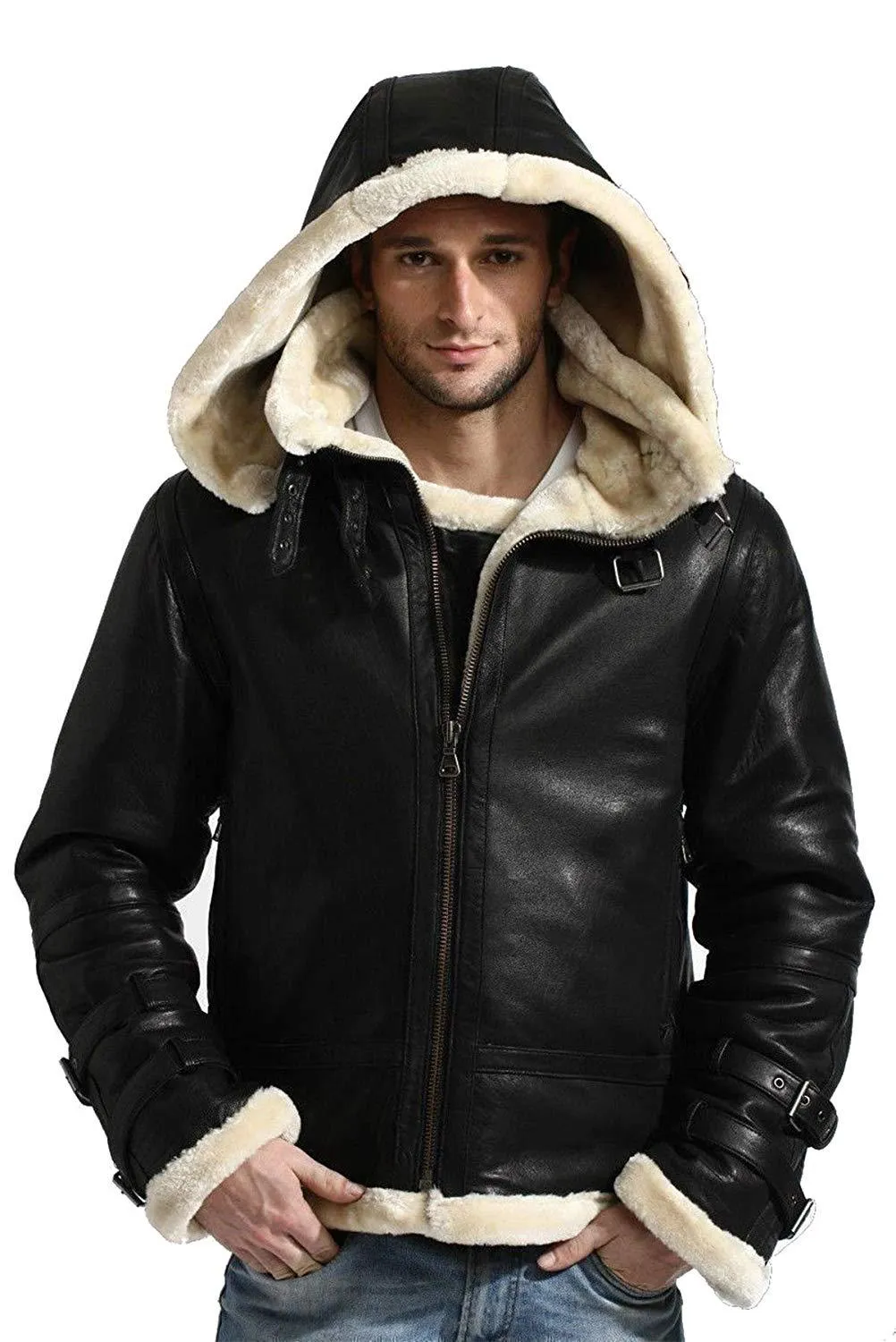 B3 Bomber Hooded Leather Jacket - Black