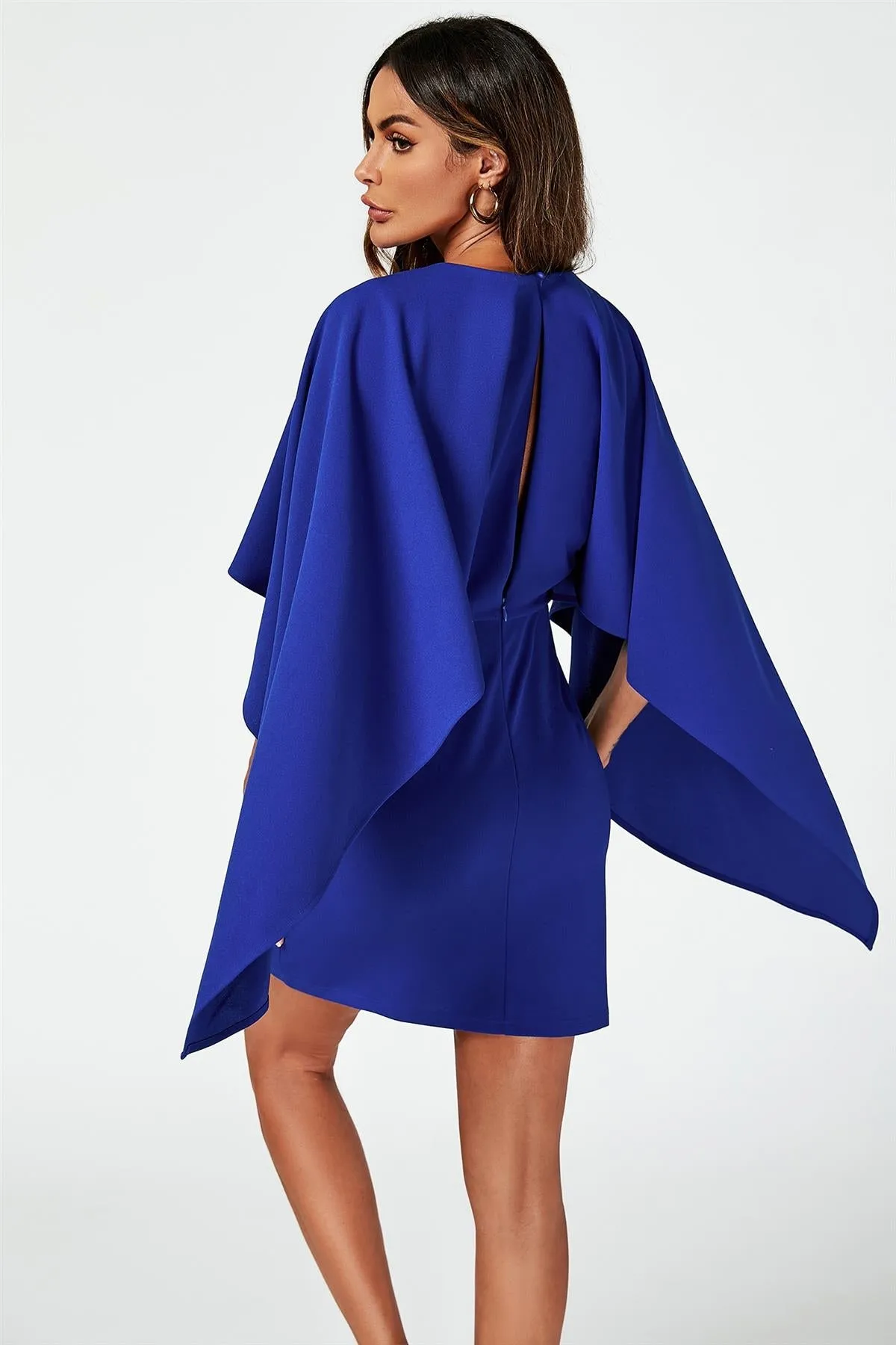 Back Detail Mini Dress With Cape In Blue by FS Collection