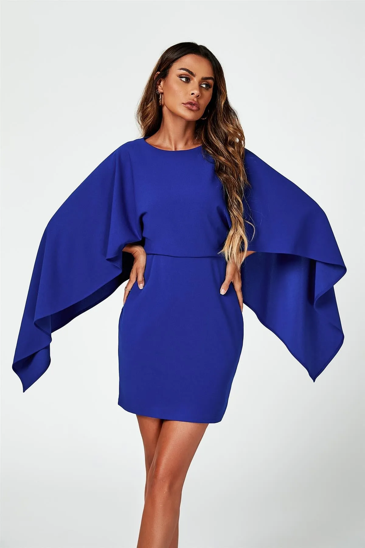 Back Detail Mini Dress With Cape In Blue by FS Collection