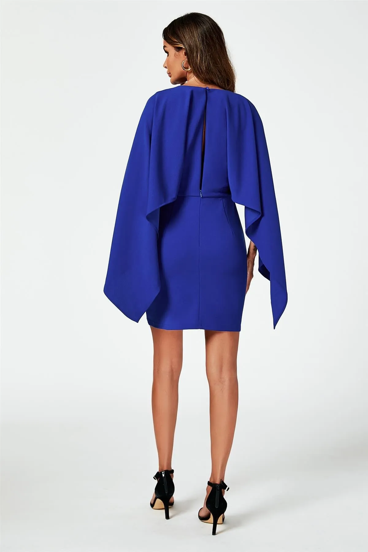 Back Detail Mini Dress With Cape In Blue by FS Collection