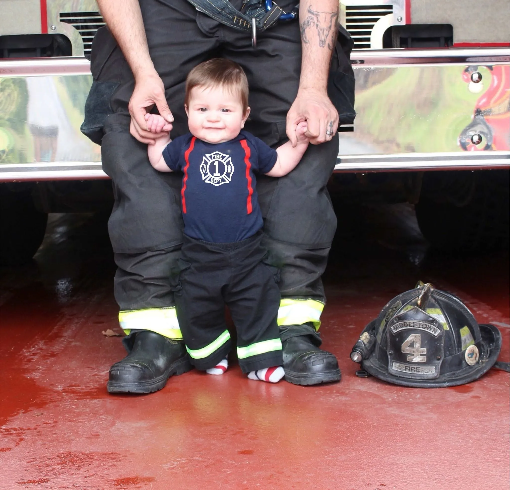 BIRTHDAY Firefighter Personalized BLACK 3PC Baby Outfit