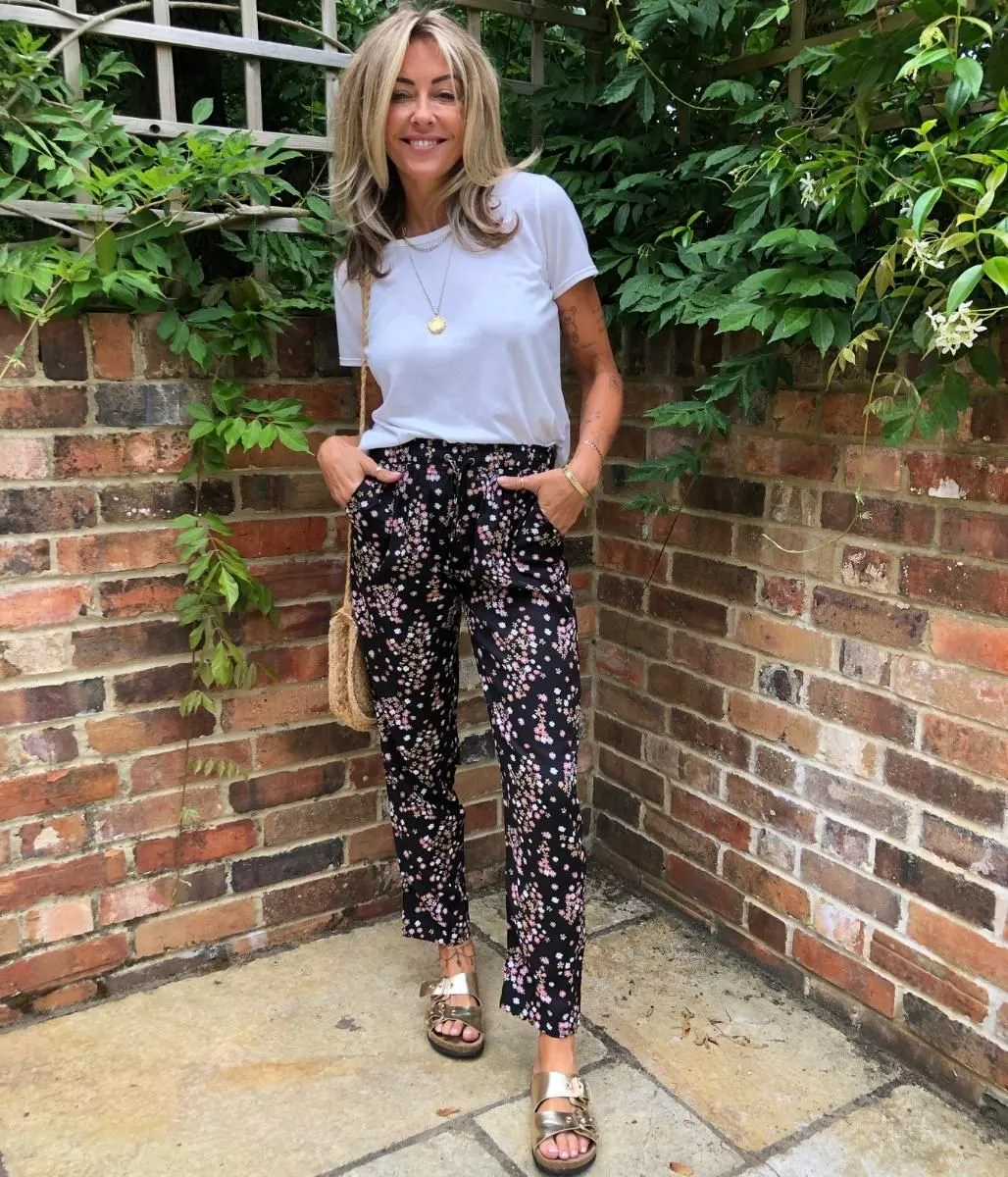 Black Flower Print Linen Blend Trousers