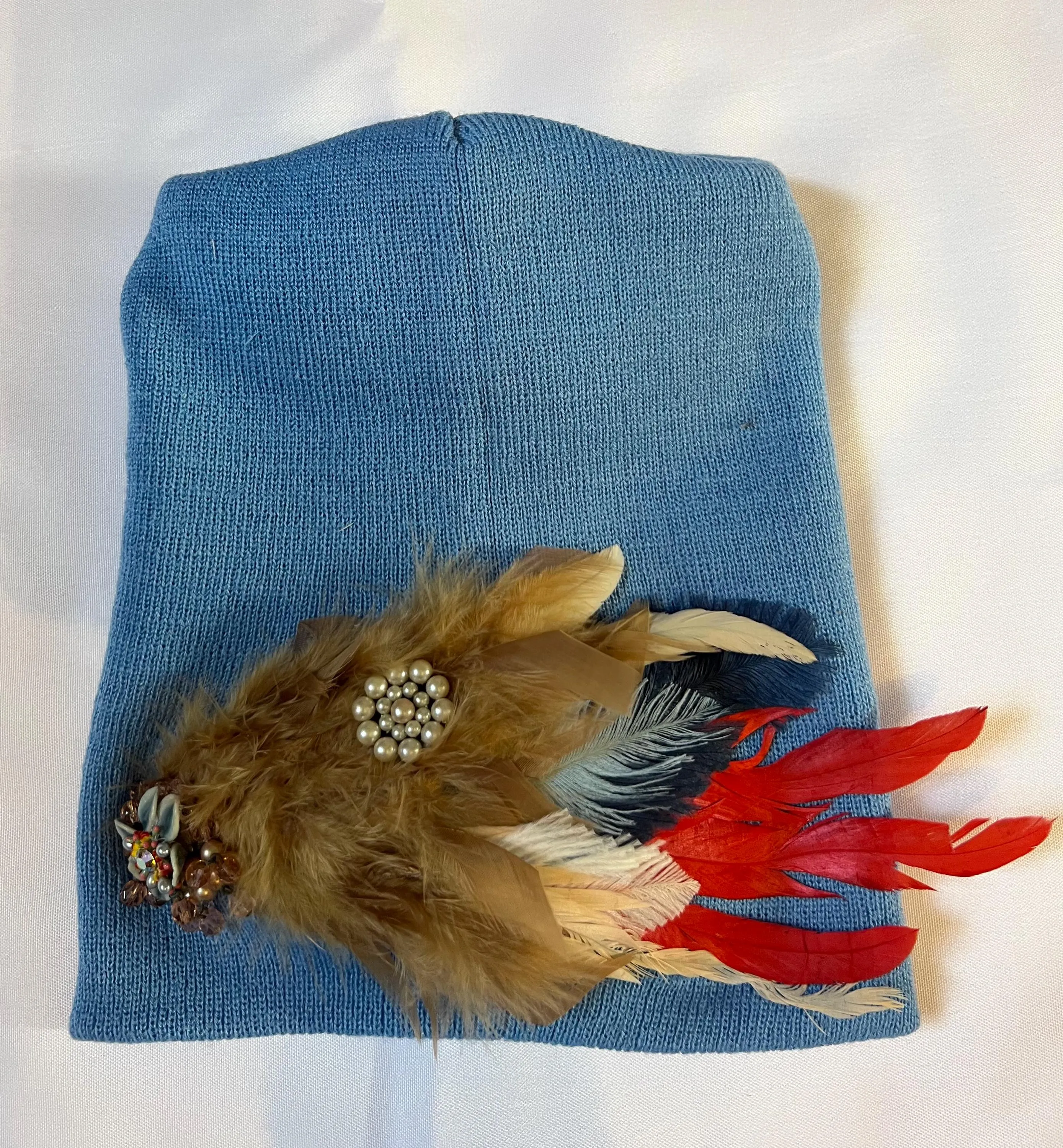 BLUE Embellished Feathered & Jeweled Sparkly Knit Hat