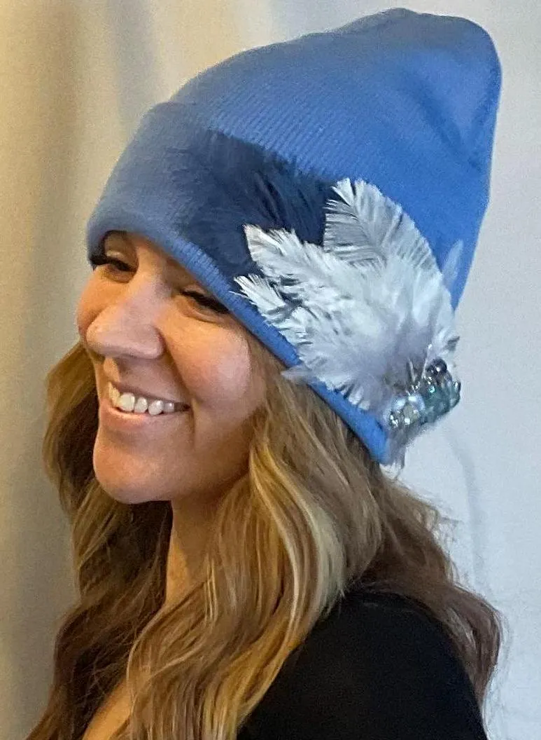 BLUE Embellished Feathered & Jeweled Sparkly Knit Hat