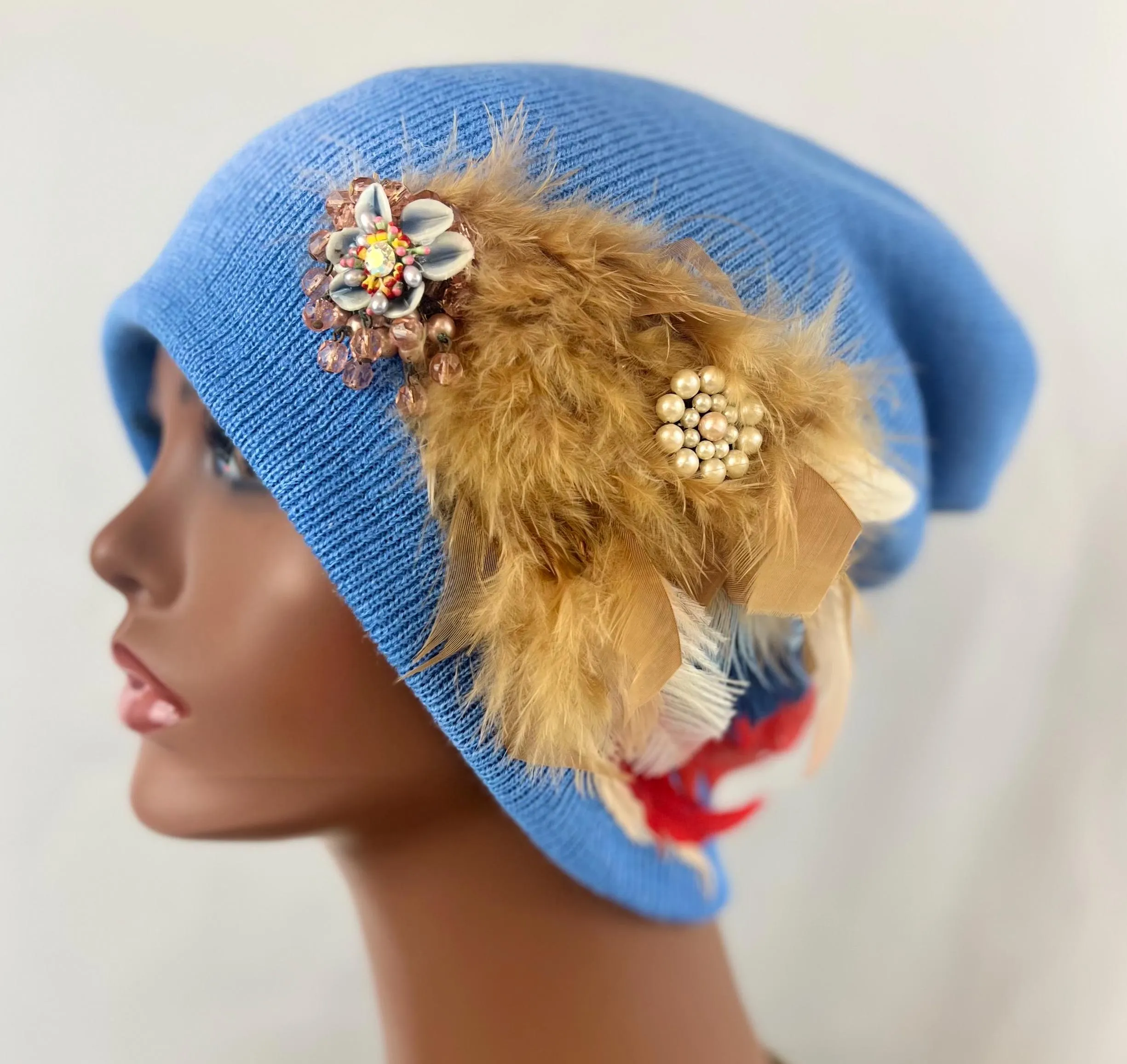 BLUE Embellished Feathered & Jeweled Sparkly Knit Hat