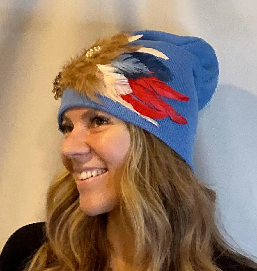 BLUE Embellished Feathered & Jeweled Sparkly Knit Hat