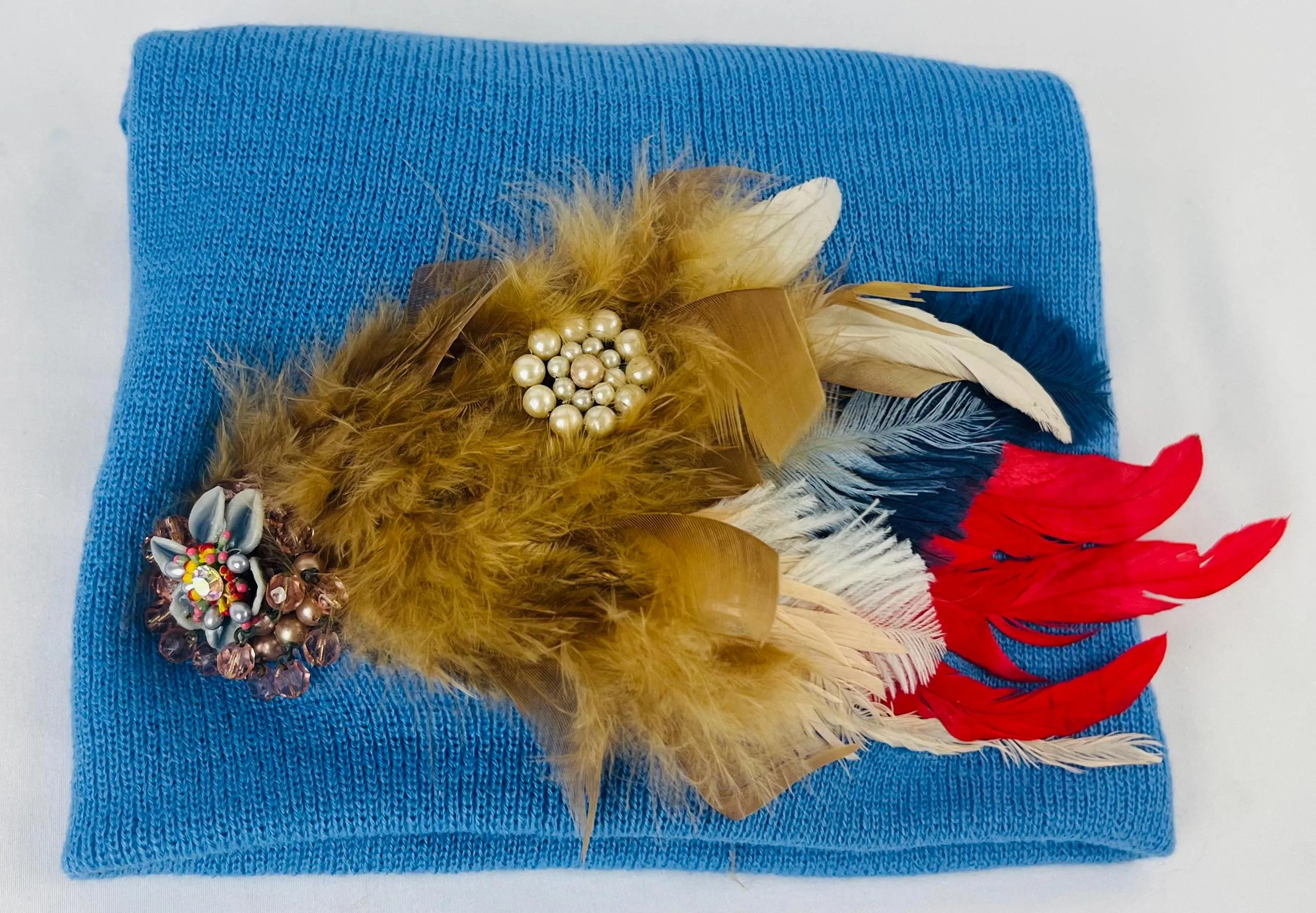 BLUE Embellished Feathered & Jeweled Sparkly Knit Hat