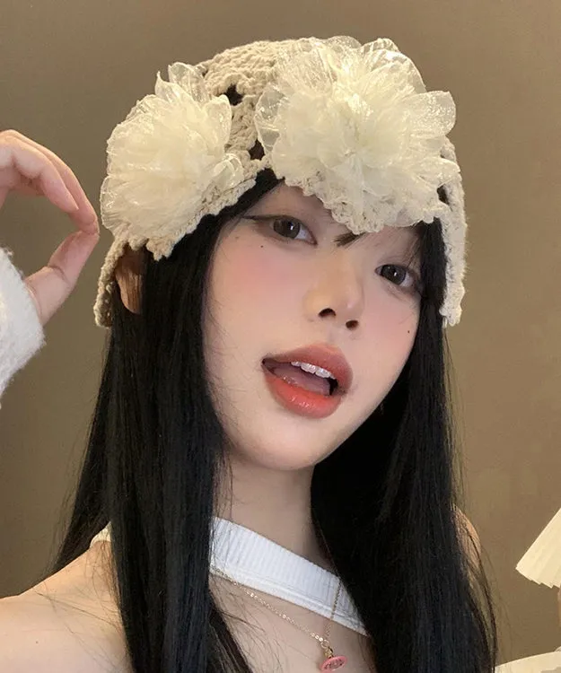 Boutique Beige Floral Hollow Out Knit Bonnie Hat WB027