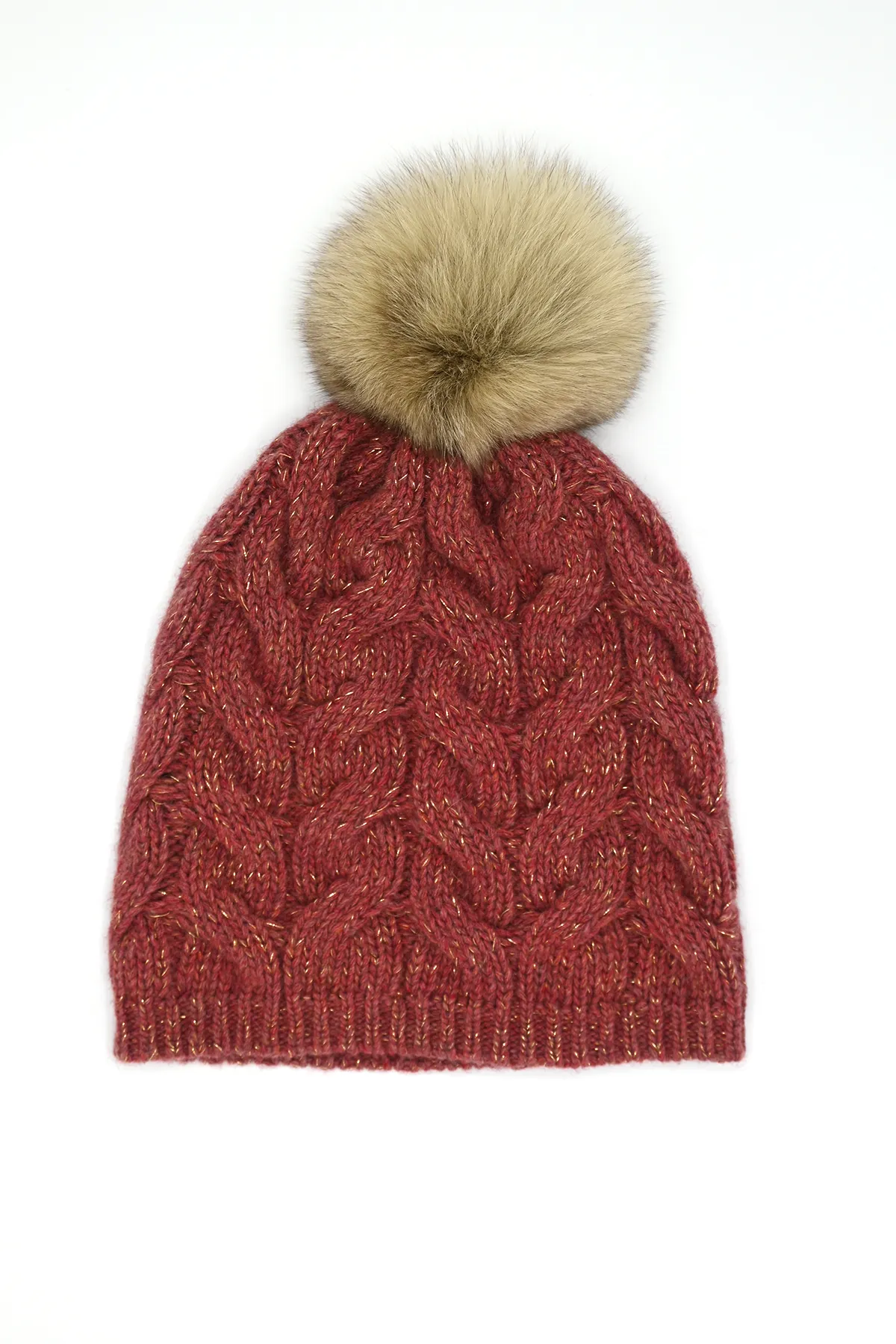 Braid Knit Cashmere Hat with Pon Pon