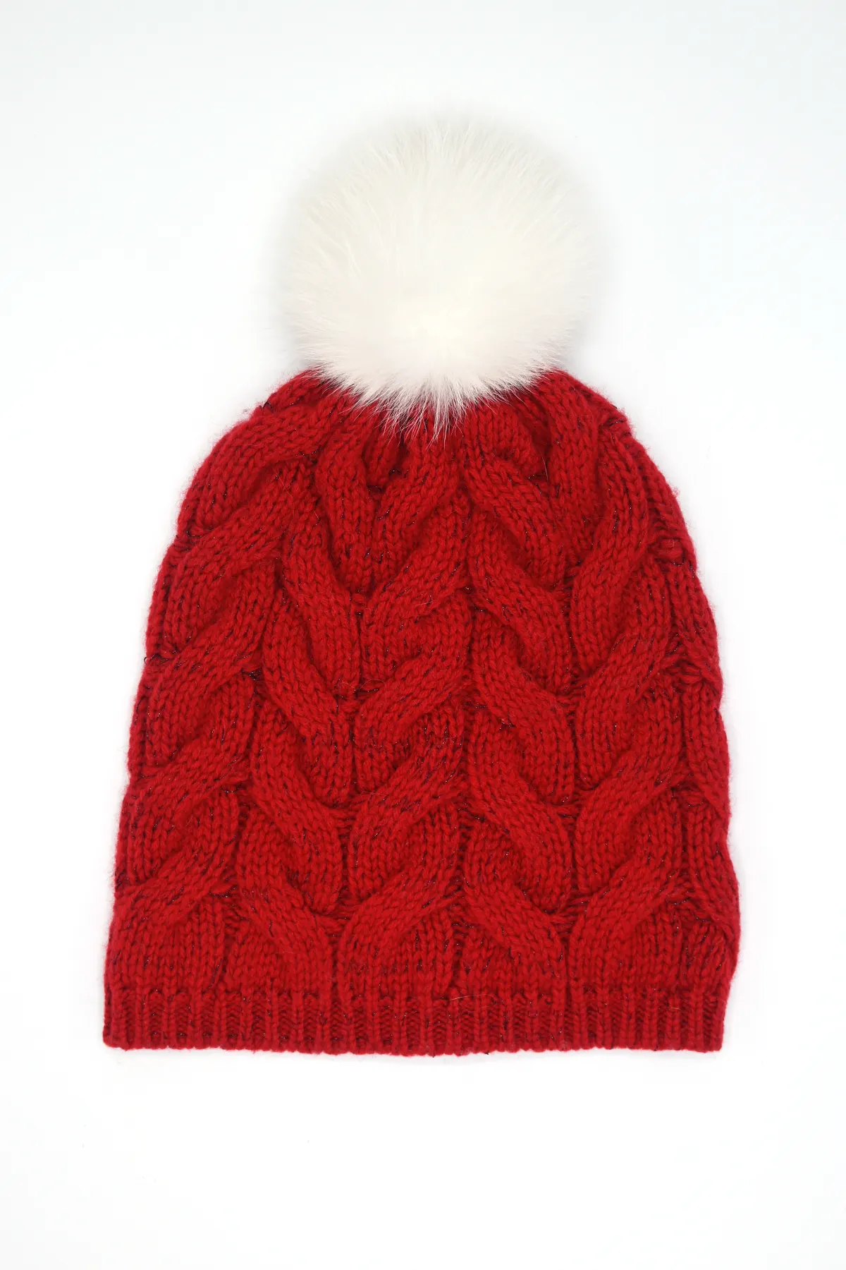 Braid Knit Cashmere Hat with Pon Pon