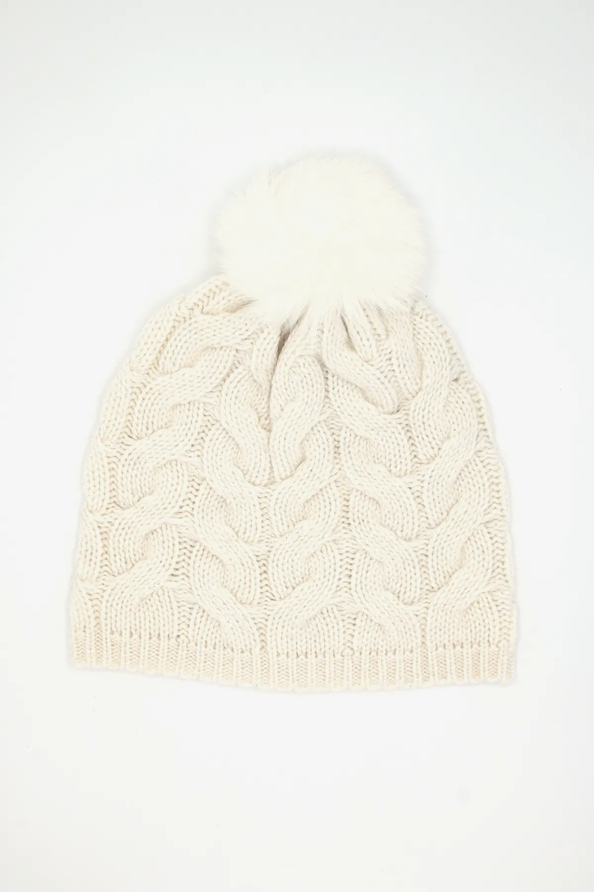 Braid Knit Cashmere Hat with Pon Pon