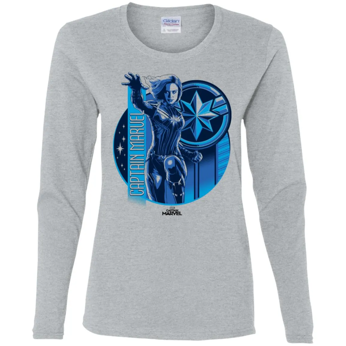 Captain Marvel Reflective Blue Circle Logo Women Long Sleeve Shirt