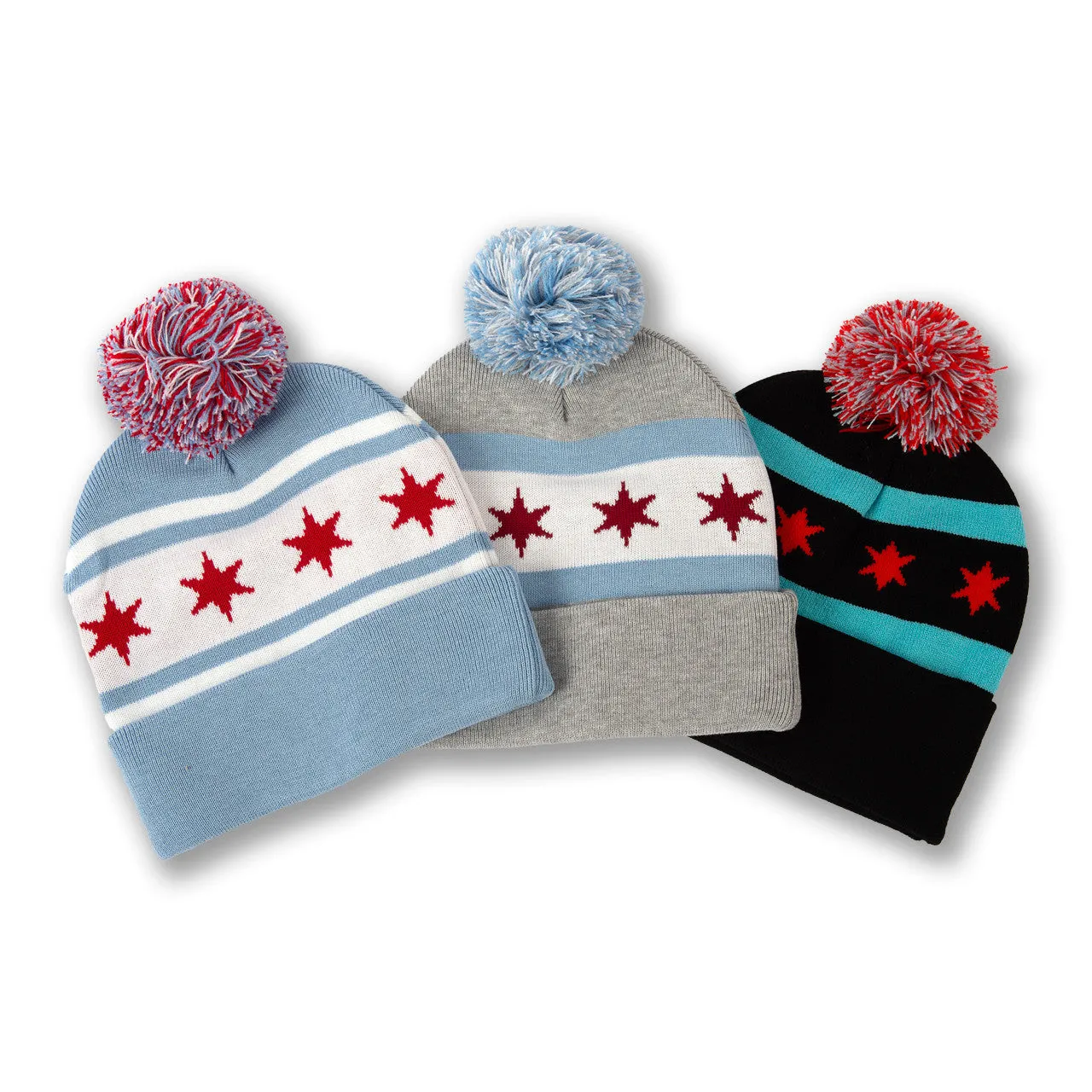 Chicago Flag Knit Hat w/ Pom Black