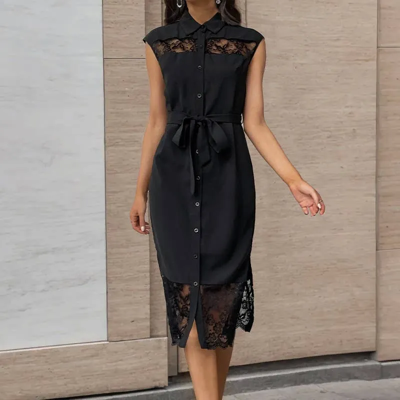 CHINESE LAPEL LACE PATCHWORK DRESS_CWDSD3973