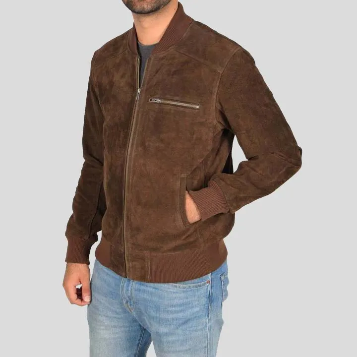 Chocolate Brown Suede Bomber Jacket for Men