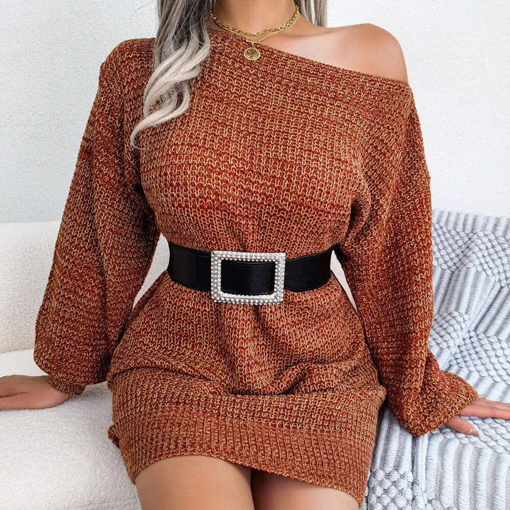 Comfy Boat Neck Bishop Sleeve Marl Knit Mini Sweater Dress