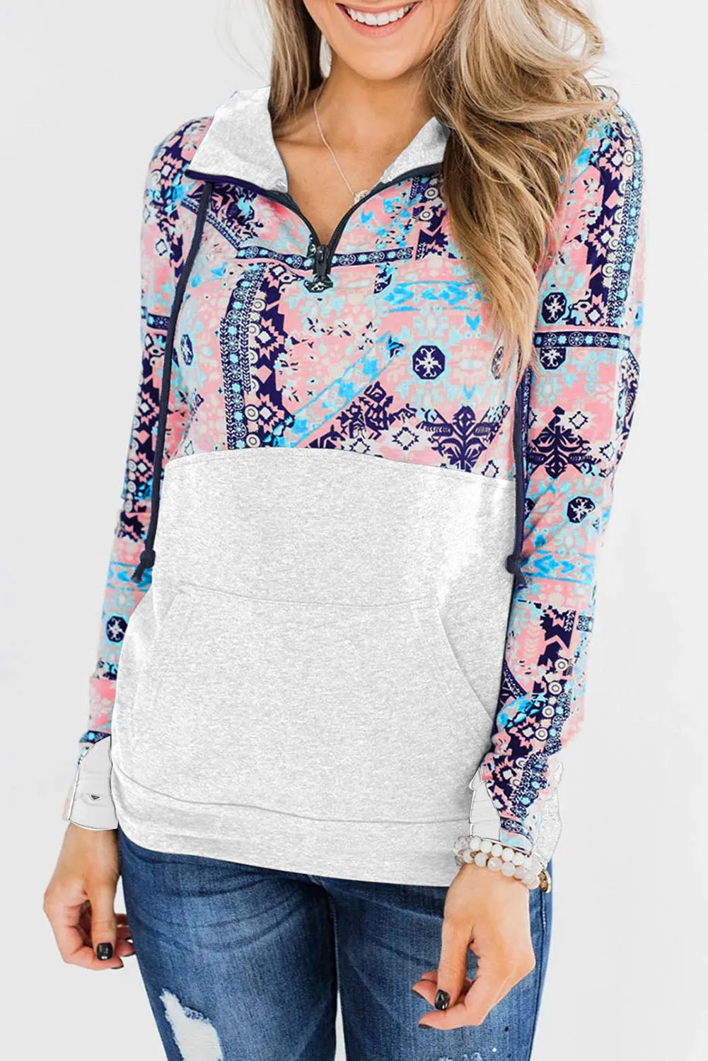 Contrast Color Zip Neck Kangaroo Pocket Sweatshirt