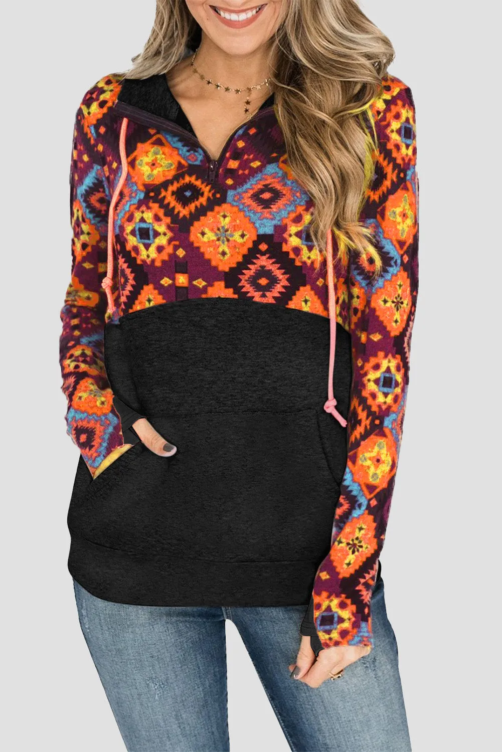 Contrast Color Zip Neck Kangaroo Pocket Sweatshirt