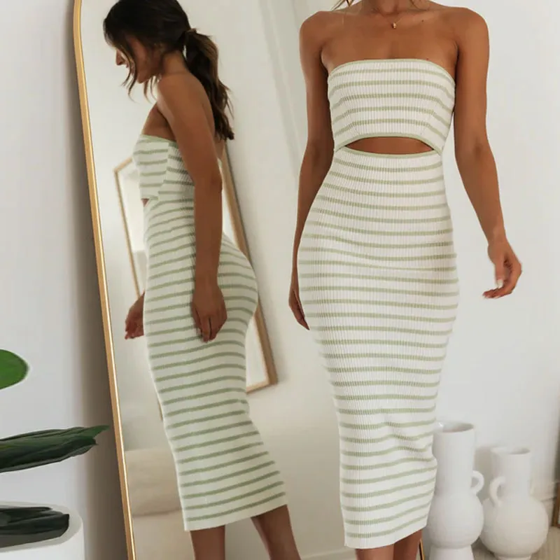 Contrast Striped Print Strapless Cut Out Bodycon Ribbed Knit Midi Sweater Dress