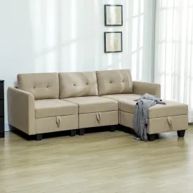 Convertible Modular Sectional Sofa w/ Storage Wood Frame Light Brown