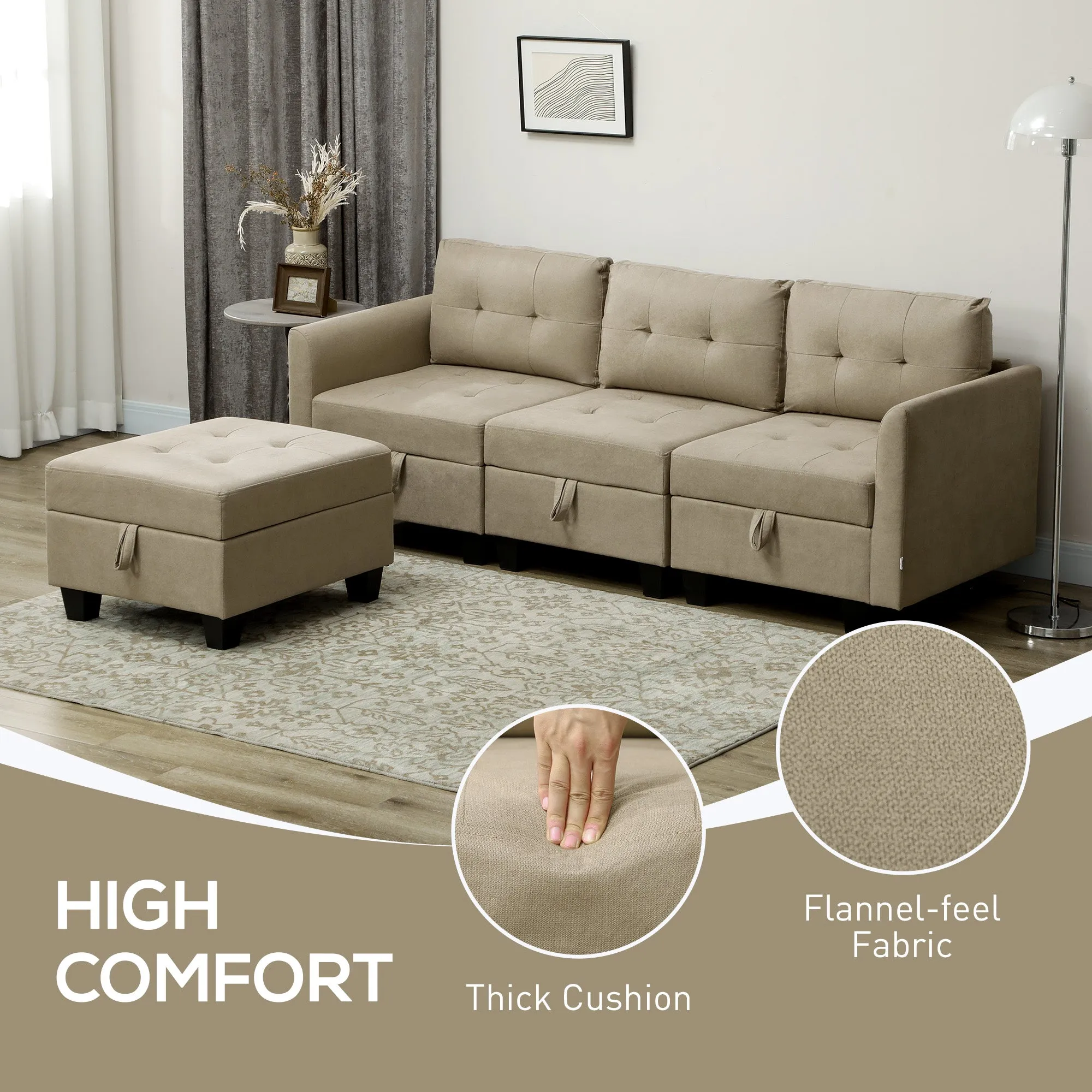 Convertible Modular Sectional Sofa w/ Storage Wood Frame Light Brown