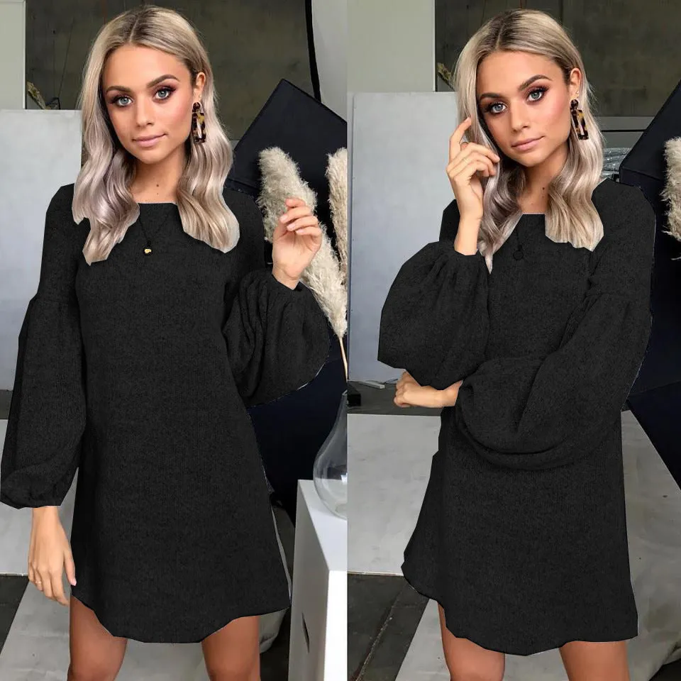 Crew Neck Loose Long Bishop Sleeves Pullover OVersized Sweater Dress