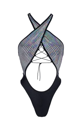 Criss-Cross Halter Holographic bodysuit / ANASTASIA PRISMA BODYSUIT