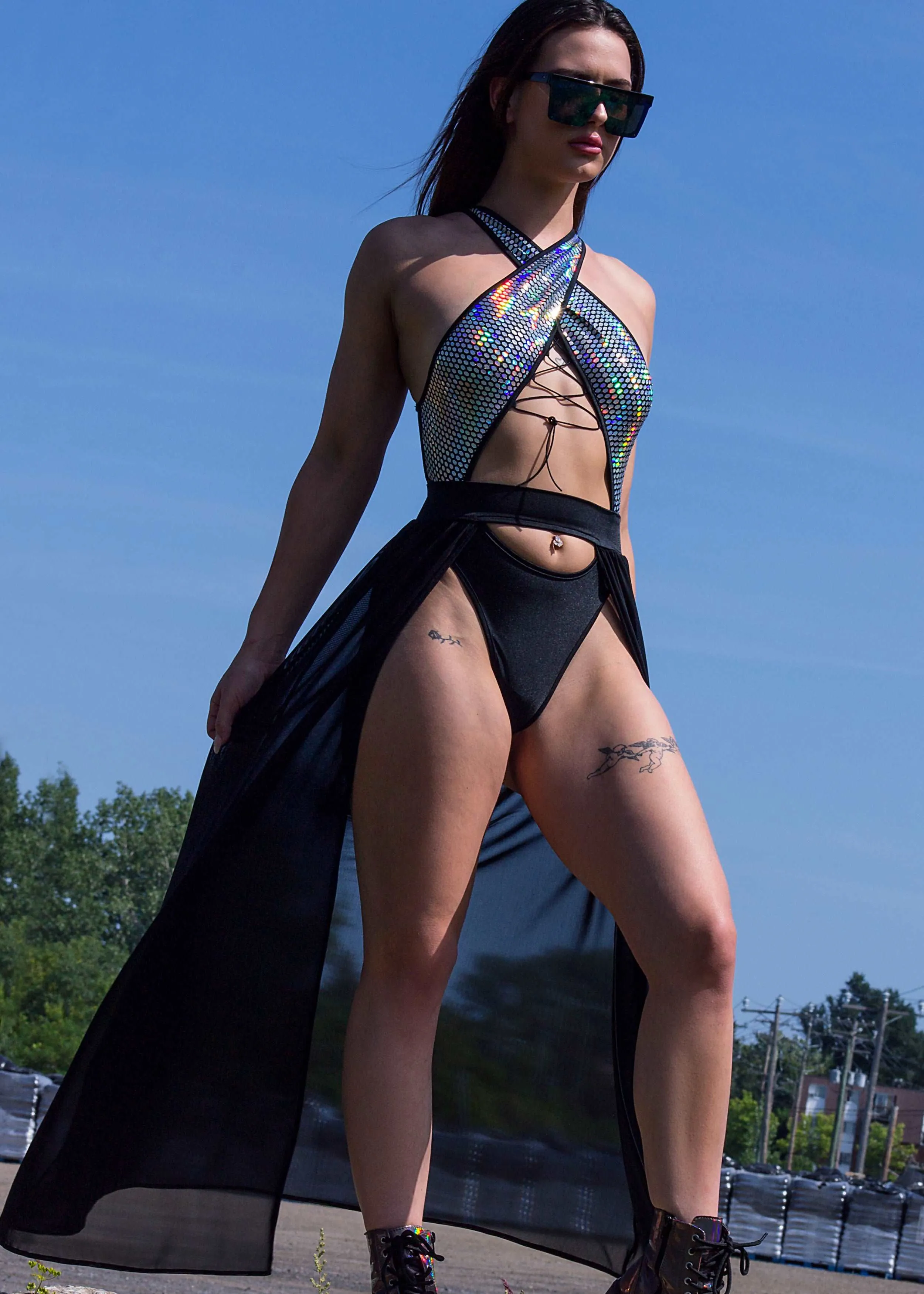 Criss-Cross Halter Holographic bodysuit / ANASTASIA PRISMA BODYSUIT