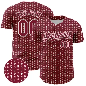 Custom Crimson White 3D Pattern Design Hearts Authentic Baseball Jersey