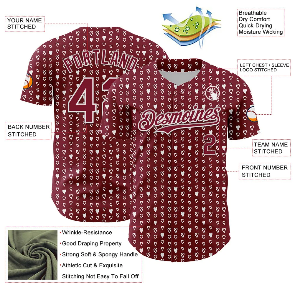 Custom Crimson White 3D Pattern Design Hearts Authentic Baseball Jersey