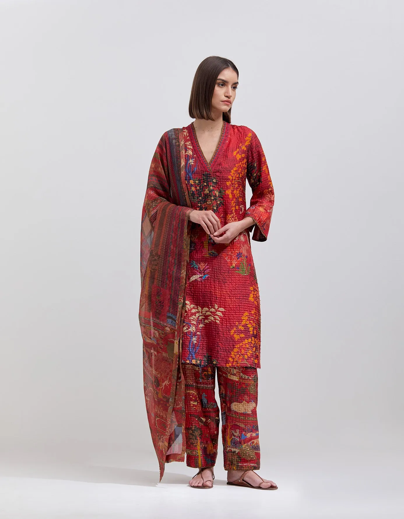 Damini Kurta Silk Check Crimson