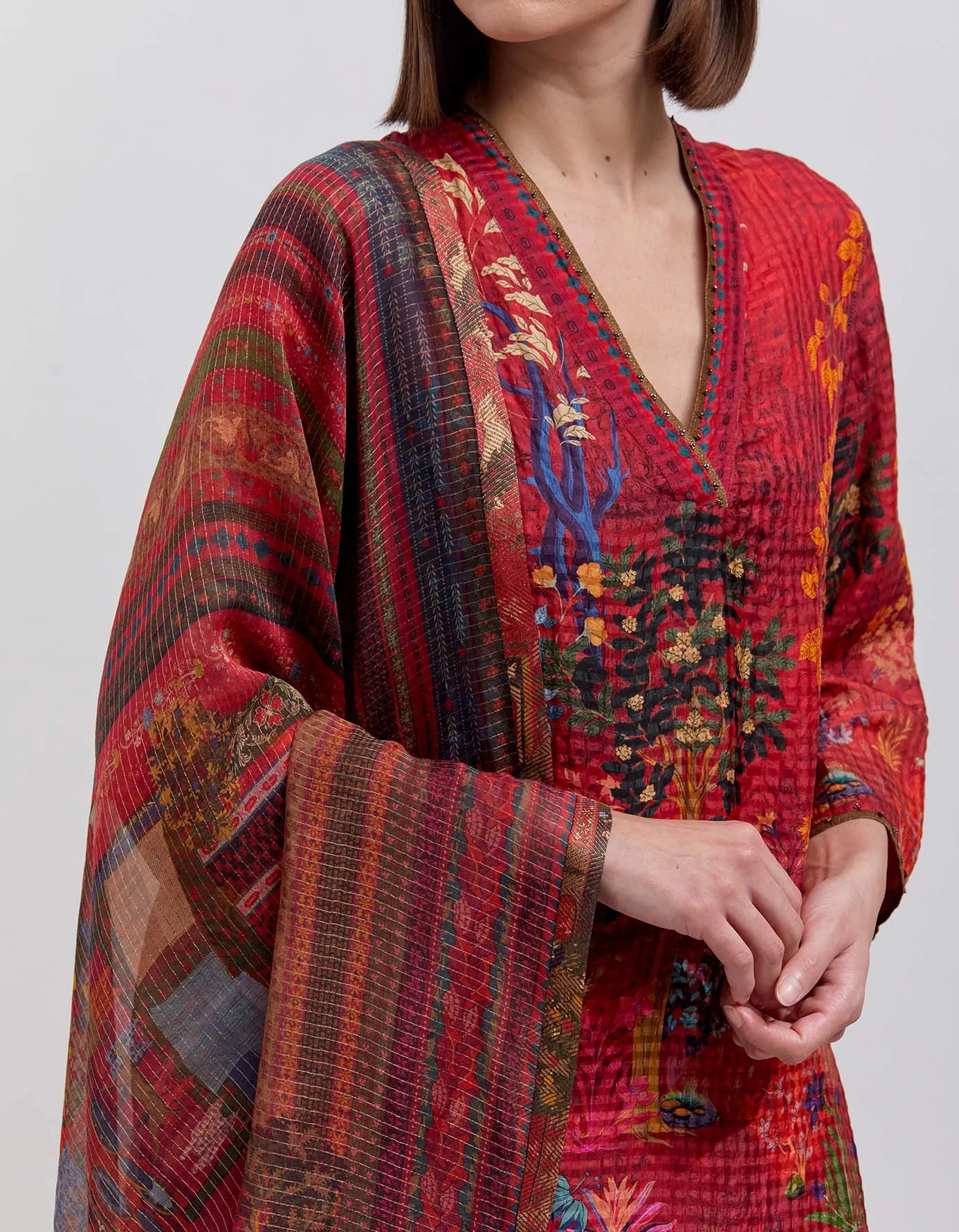 Damini Kurta Silk Check Crimson