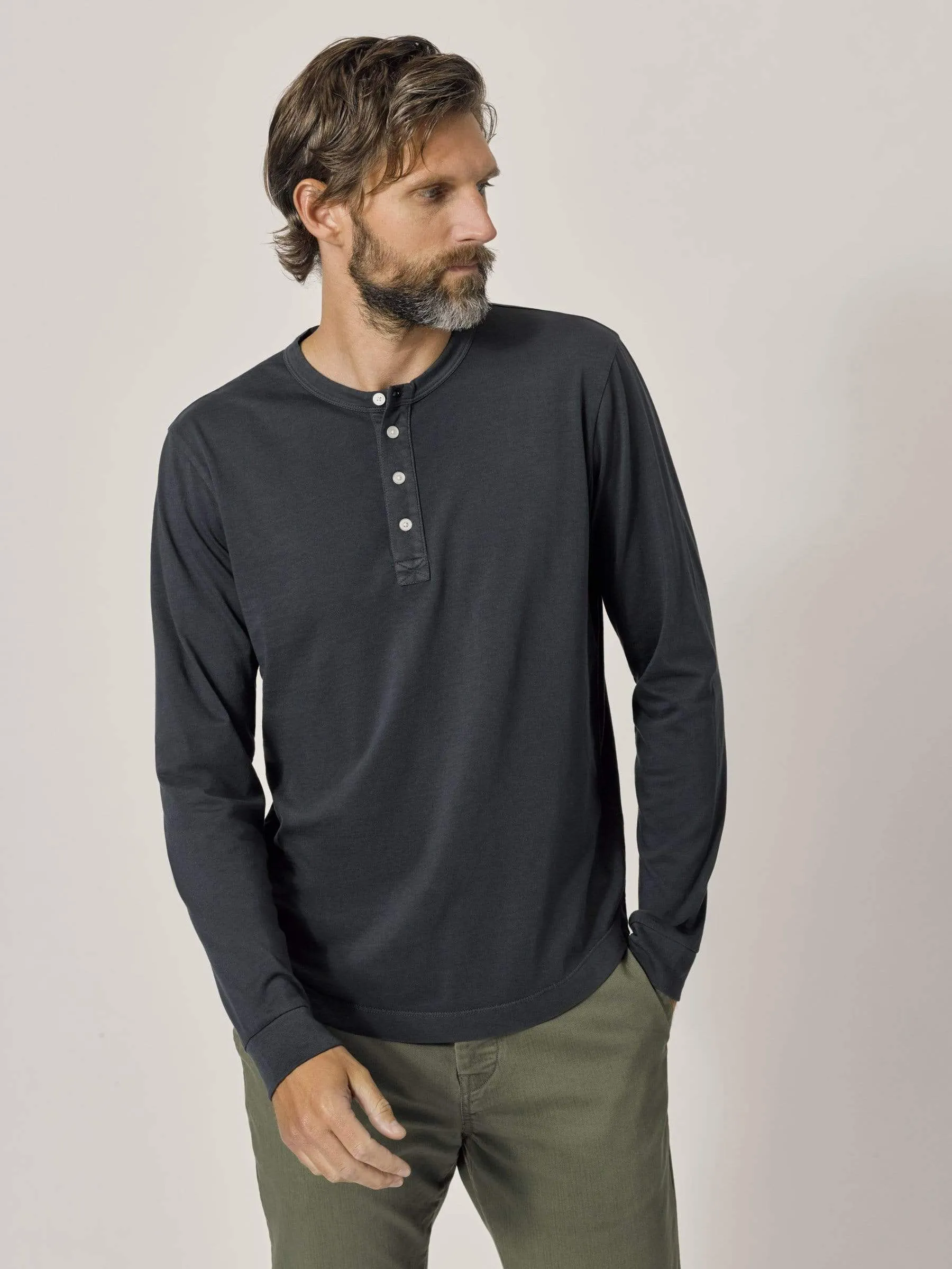 Dark Navy Venice Wash Pima Curved Hem Henley