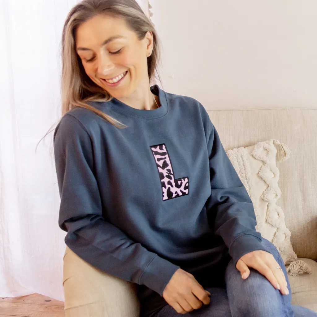 Embroidered Animal Print Initial Airforce Blue Sweatshirt