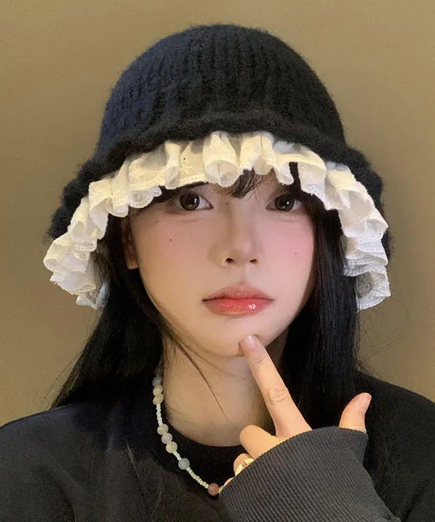 Fashion Black Lace Patchwork Knit Bucket Hat RS007