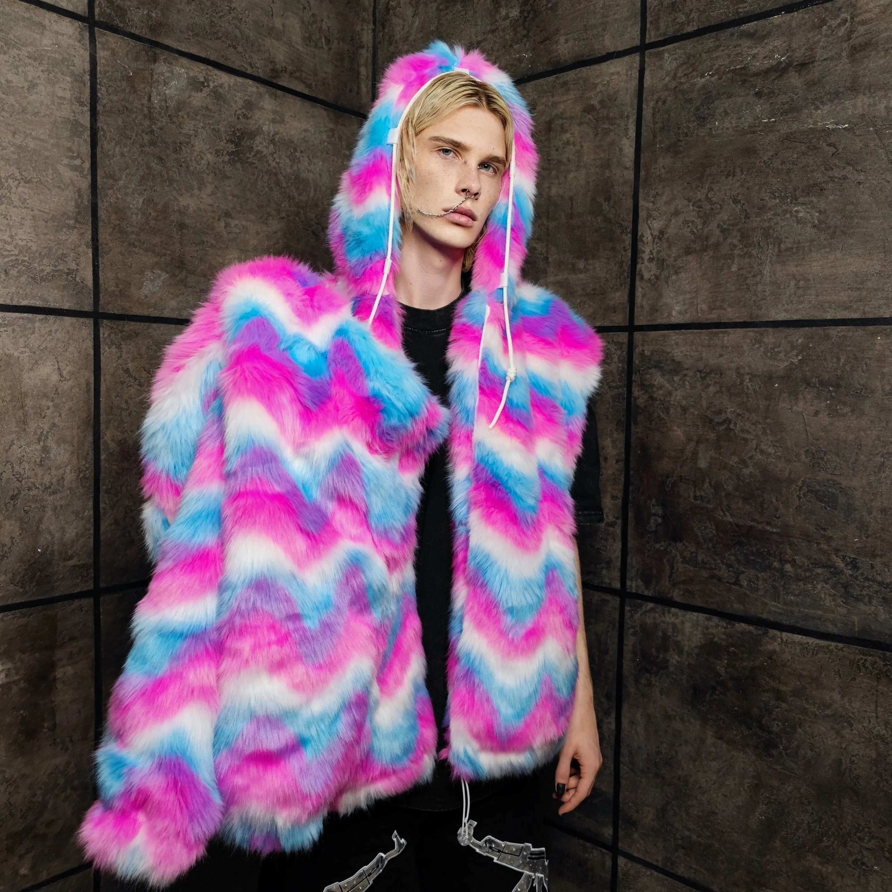 Festival fleece jacket handmade detachable fluffy rave bomber fluorescent faux fur premium grunge top raver coat in pink blue