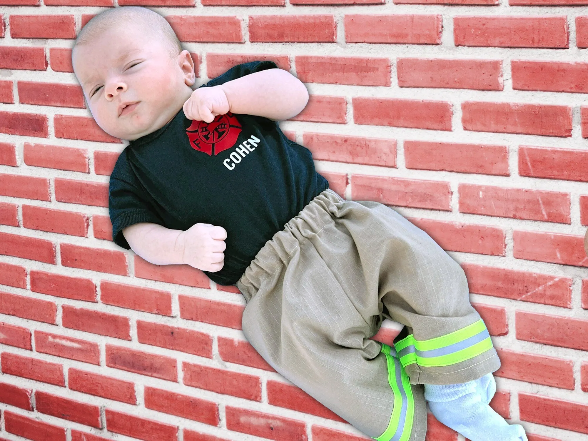 Firefighter Infant Body-Suit in Navy with Maltese Cross and Name on Front and Fire Department on Back - Khaki Turnout Pants