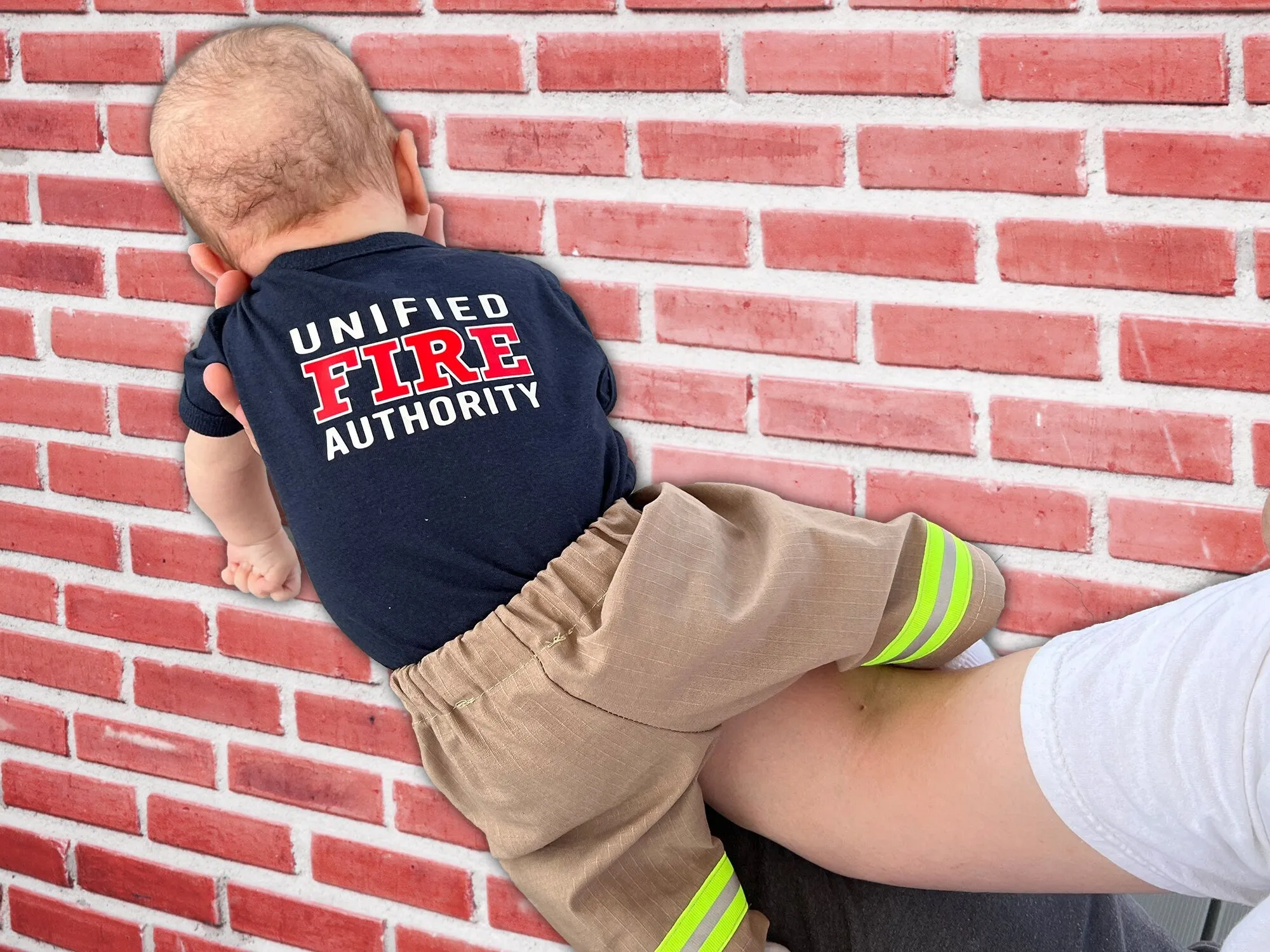 Firefighter Infant Body-Suit in Navy with Maltese Cross and Name on Front and Fire Department on Back - Khaki Turnout Pants