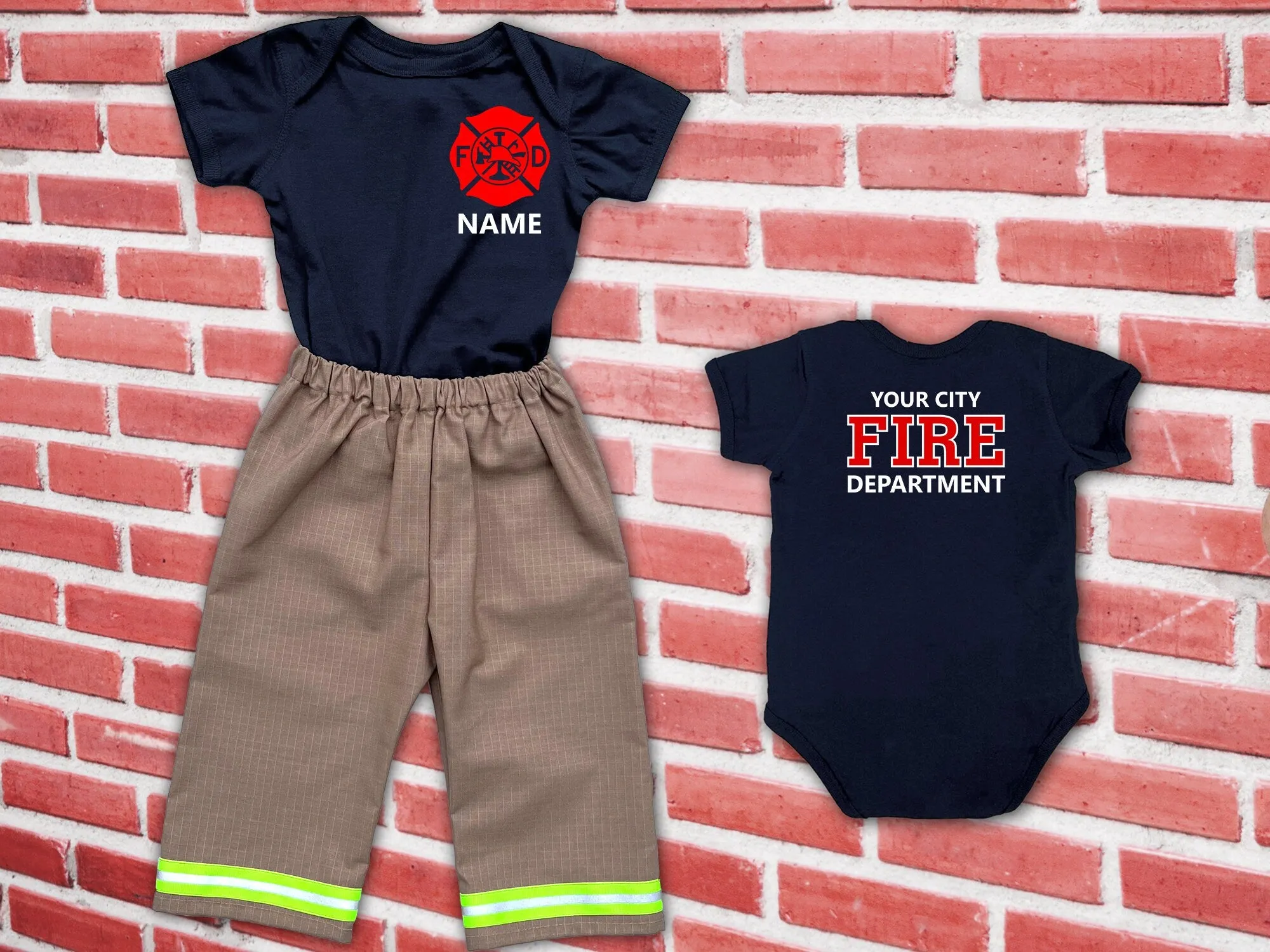 Firefighter Infant Body-Suit in Navy with Maltese Cross and Name on Front and Fire Department on Back - Khaki Turnout Pants