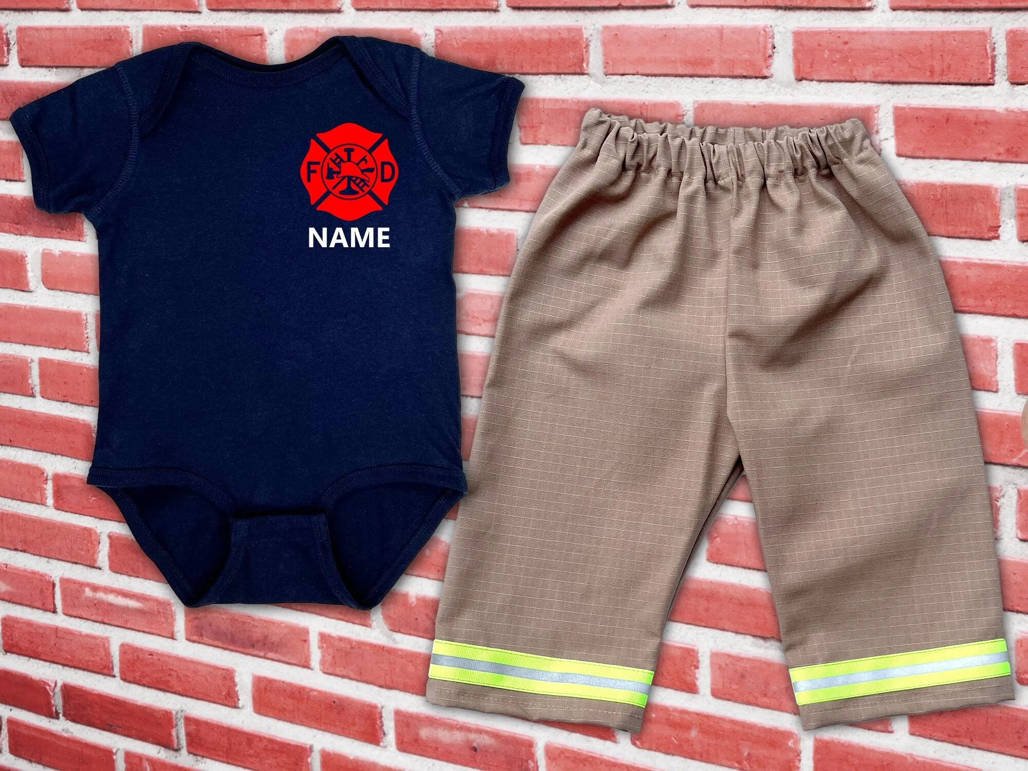 Firefighter Infant Body-Suit in Navy with Maltese Cross and Name on Front and Fire Department on Back - Khaki Turnout Pants