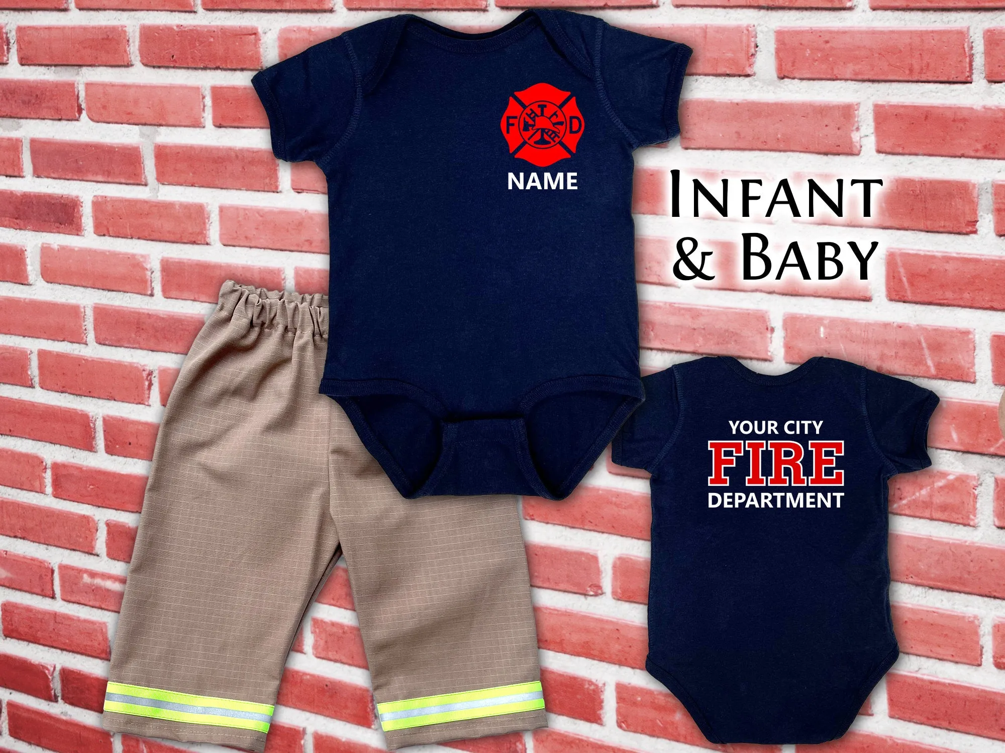 Firefighter Infant Body-Suit in Navy with Maltese Cross and Name on Front and Fire Department on Back - Khaki Turnout Pants