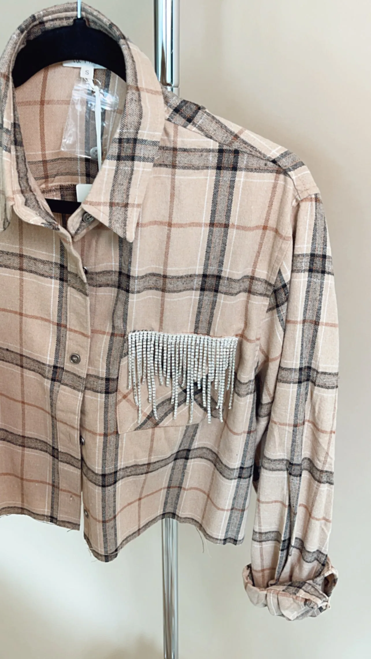 GB ORIGINAL!! Rhinestone Fringe Flannel in Camel