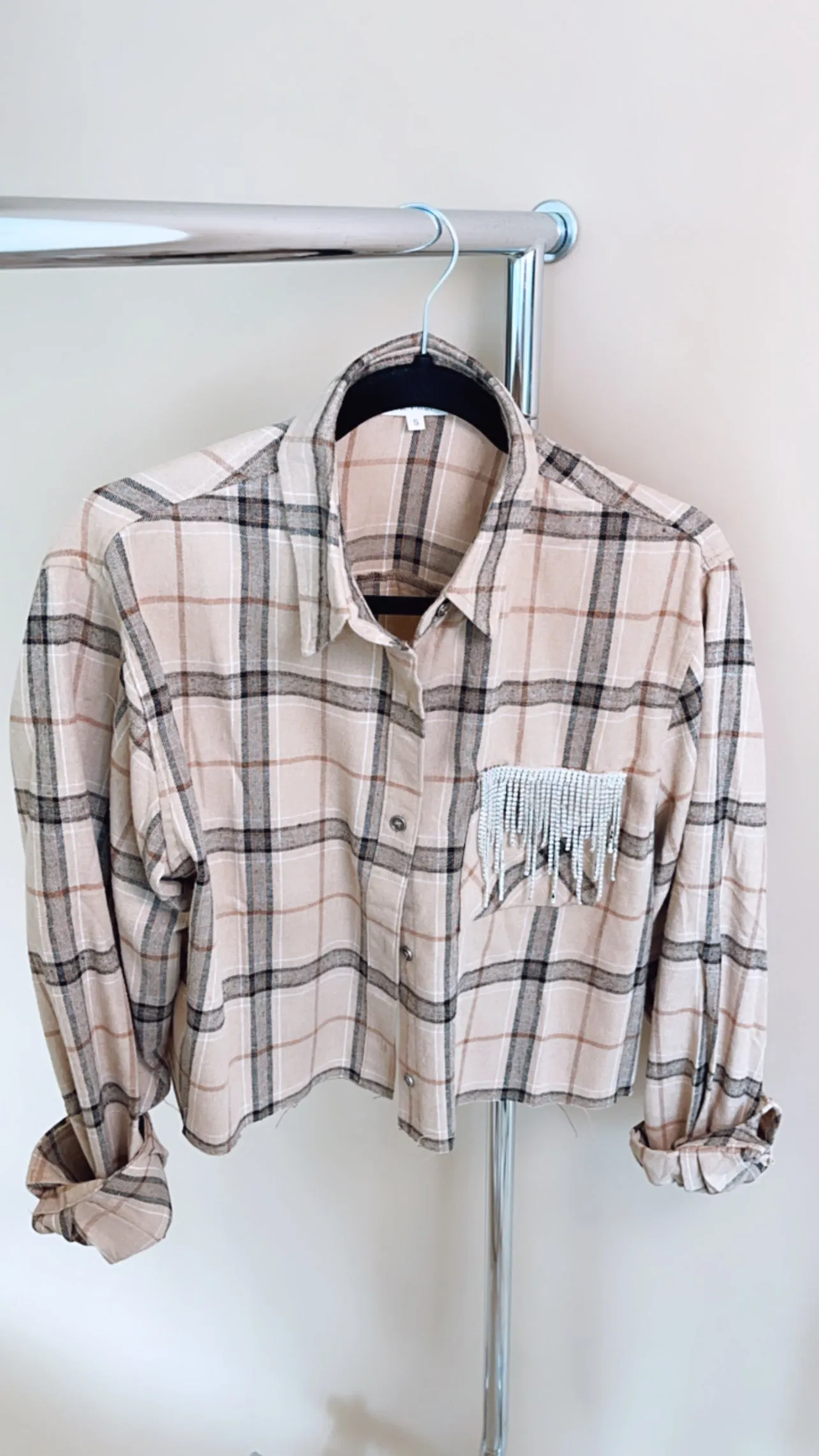 GB ORIGINAL!! Rhinestone Fringe Flannel in Camel