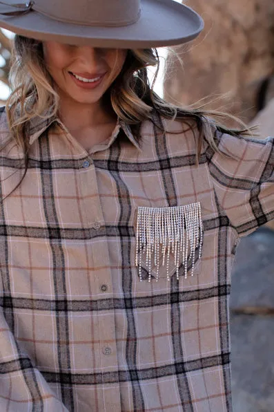 GB ORIGINAL!! Rhinestone Fringe Flannel in Camel