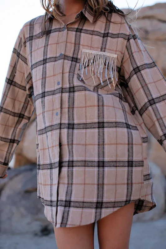 GB ORIGINAL!! Rhinestone Fringe Flannel in Camel